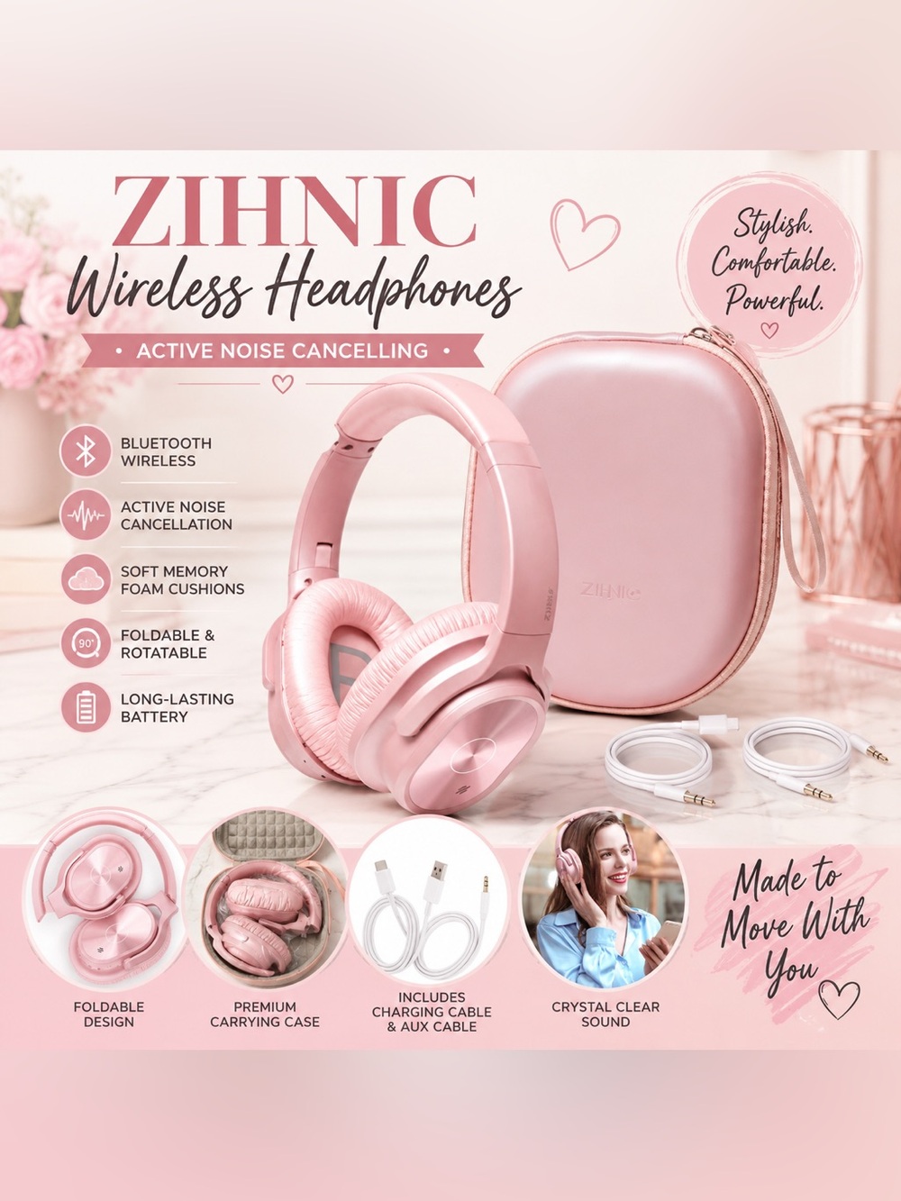 ZIHNIC Pink Wireless Bluetooth Over-Ear Headphones with Carrying Case NWOT